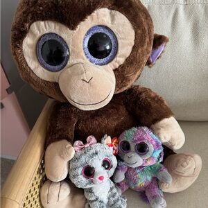 TY large Monkey and Small Monkey Stuffed plush Toy Set with Free cat